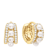 Gold hoop earrings with pearls and crystals on a white background
