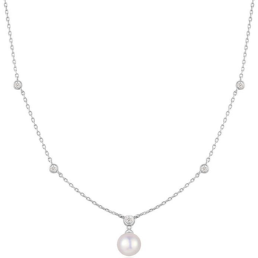 Pearl necklace with small diamonds on a white background
