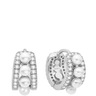 Silver hoop earrings with pearls on a white background