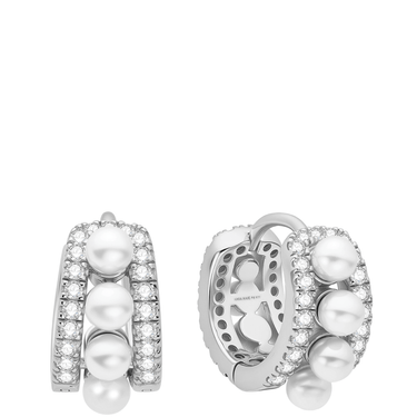Silver hoop earrings with pearls on a white background