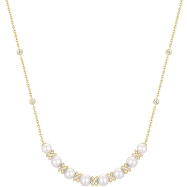Pearl necklace with gold accents on a white background