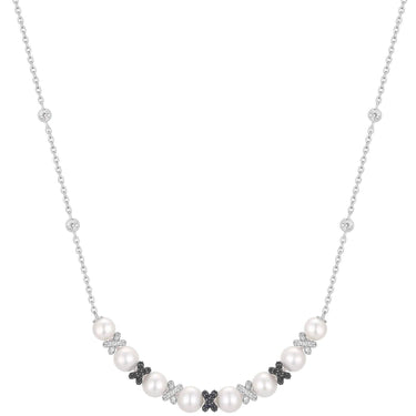Necklace with pearls and black floral pendants on a white background