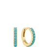Gold hoop earrings with turquoise stones on a white background