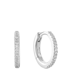Silver hoop earrings with embedded stones on a white background