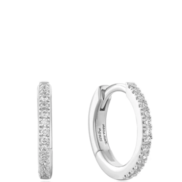 Silver hoop earrings with embedded stones on a white background