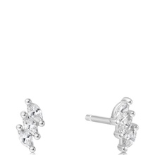 Pair of silver earrings with clear gemstones on a white background