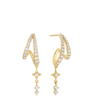 Gold hoop earrings with star and chain details on a white background