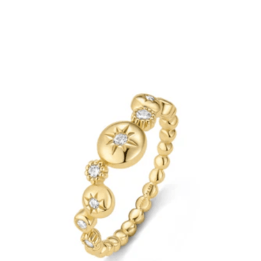 Gold ring with diamond accents on a white background