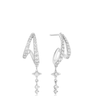 Silver hoop earrings with star-shaped drops on a white background