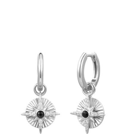 Ania Haie Sunshine Chaser Silver Astrolabe Charm Huggies Hoop Earrings