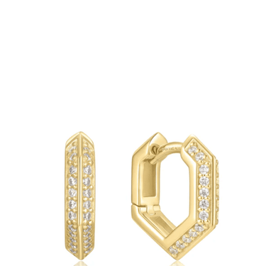 Gold hoop earrings with diamond accents on a white background