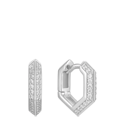 Silver hoop earrings with clear gemstones on a white background