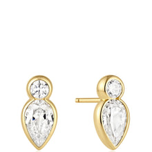 A pair of gold drop earrings with a small round clear gemstone above a larger marquise-cut clear gemstone, shown on a plain white background. One earring is facing forward and the other is angled to show the post and back.