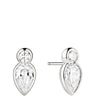 A pair of silver stud earrings featuring a large pear-cut clear gemstone with a smaller round clear gemstone above it, shown on a plain white background.