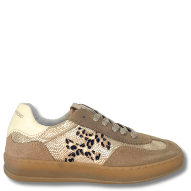 Brown sneaker with leopard print details on a white background