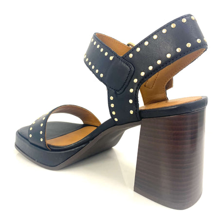 Alpe Black Leather Block Heel Studded Sandals