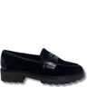 A single black slip-on loafer with a mix of matte suede and smooth leather textures, featuring a chunky lug sole and a decorative strap across the vamp, shown against a plain white background.