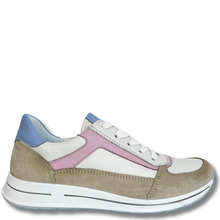 ladies elevated sole sneakers with pale pink and blue accents
