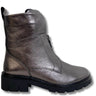 A metallic bronze leather ankle boot with a black sole, shown from a side profile view against a white background.