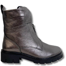 A metallic bronze leather ankle boot with a black sole, shown from a side profile view against a white background.