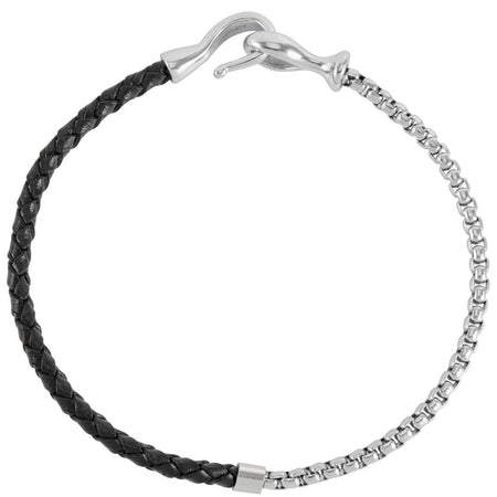 Bartlett Gents Black Leather & Silver Chain Hook Bracelet