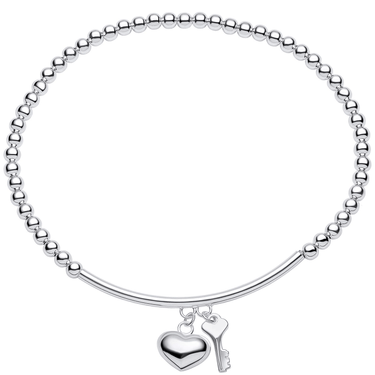 ladies silver bead bracelet with engravable heart pendant