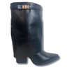 ladies black mid length boots with gold buckle