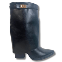 ladies black mid length boots with gold buckle
