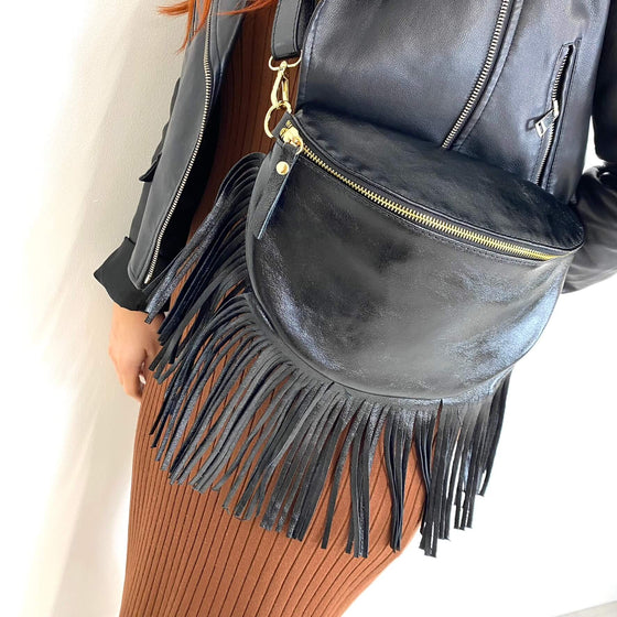 Black Leather Fringed Crossbody Bag