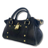 Black handbag with gold accents on a white background