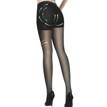 Black tights with gold designs on a white background