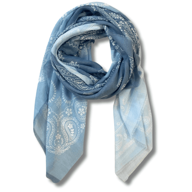 Blue paisley patterned scarf on a white background