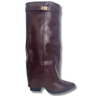 ladies burgundy knee high boots  with gold buckle