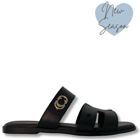 Carmela Black Leather Flat Mule Sandals