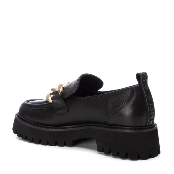 Carmela Black Leather Gold Curb Chain Chunky Loafers