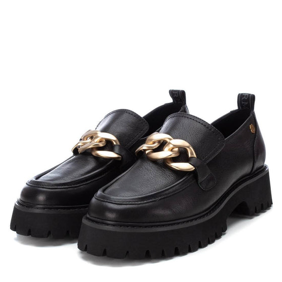 Carmela Black Leather Gold Curb Chain Chunky Loafers