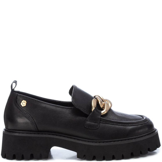 Carmela Black Leather Gold Curb Chain Chunky Loafers