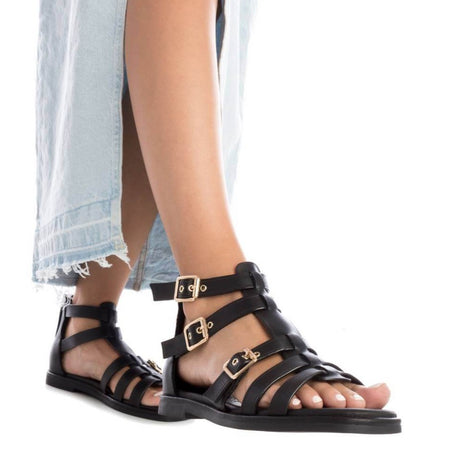 Carmela Black Leather Strappy Flat Sandals