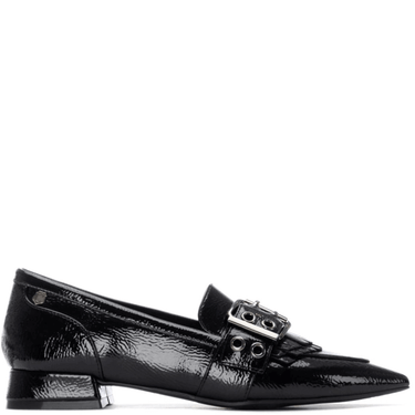 Black patent leather loafer with a decorative buckle on a white background