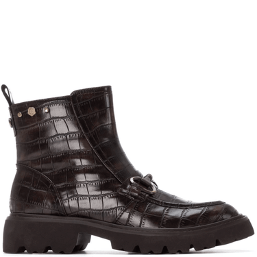 Brown crocodile-patterned boots on a white background