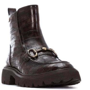 Brown leather boot with crocodile texture and gold buckle on a white background