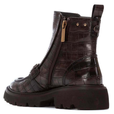 Brown crocodile-patterned boot with a zipper on a white background
