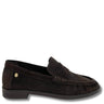 A dark brown suede penny loafer shown from a side profile view against a plain white background.