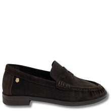 A dark brown suede penny loafer shown from a side profile view against a plain white background.