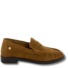 A single tan suede penny loafer shown from a side profile view against a plain white background.