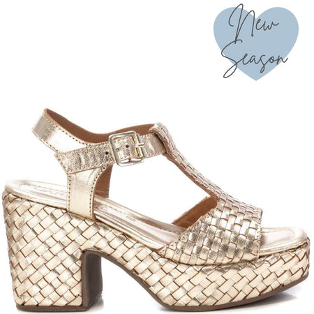 Carmela Gold Woven Leather Wedge Sandals