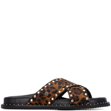 Leopard print sandal with studded details on a white background
