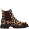 Leopard print boot with a black sole on a white background