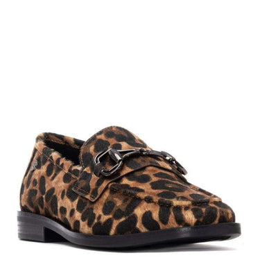 Leopard print loafer with a buckle on a white background