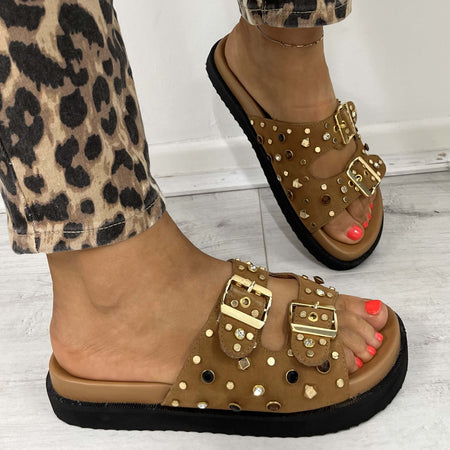 Carmela Studded Camel Slip On Mules